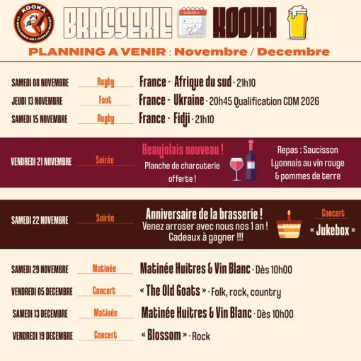 🍺✨ LE PLANNING EST ARRIVÉ ! ✨🍺📆 NOVEMBRE / DÉCEMBRE, Bourg-en-Bresse, Brasserie Kooka
