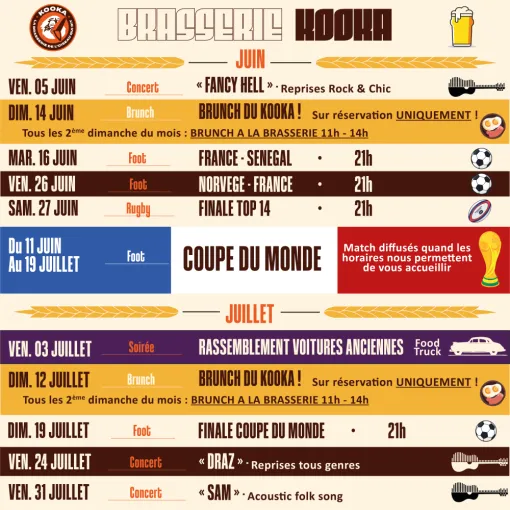 Planning Juin / Juillet , Bourg-en-Bresse, Brasserie Kooka